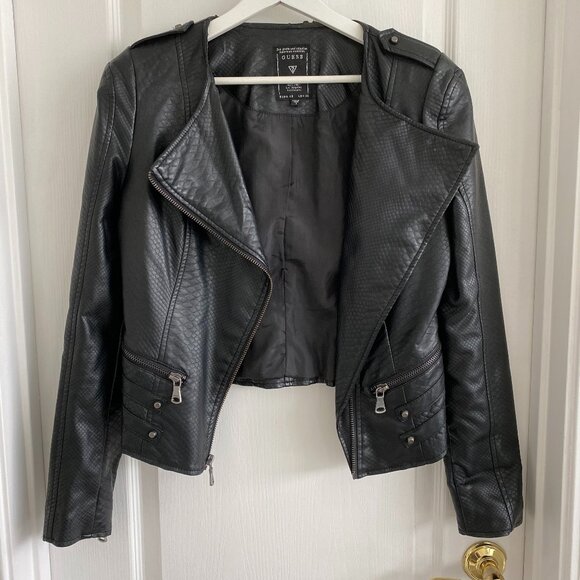 GUESS Black Vegan Leather Jacket with Rivet Lapel US S - Picture 1 of 9